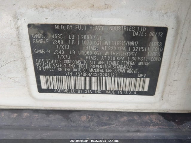 4S4BRBACXE3205121 Subaru Outback 2.5i