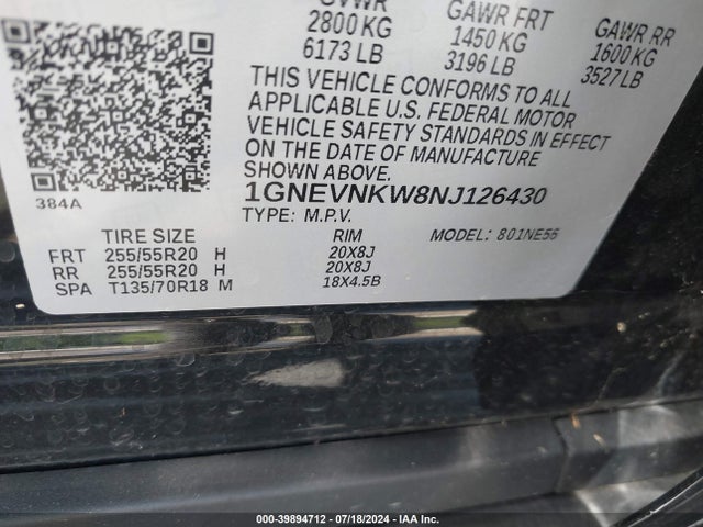 1GNEVNKW8NJ126430 Chevrolet Traverse Awd High Country