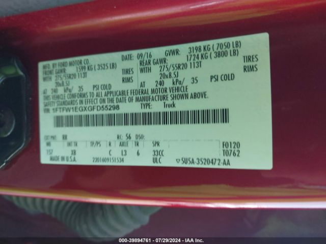 1FTFW1EGXGFD55298 Ford F-150 Xlt