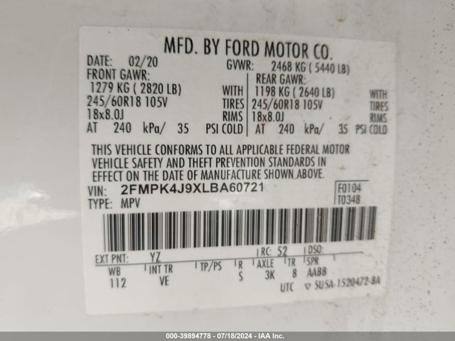 Ford EDGE SEL 2020 2FMPK4J9XLBA60721 Image 9