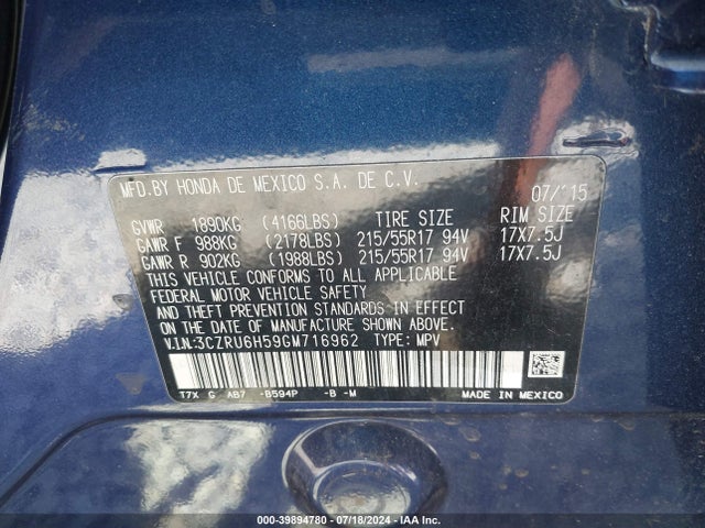 Honda HR-V EX 2016 3CZRU6H59GM716962 Image 9