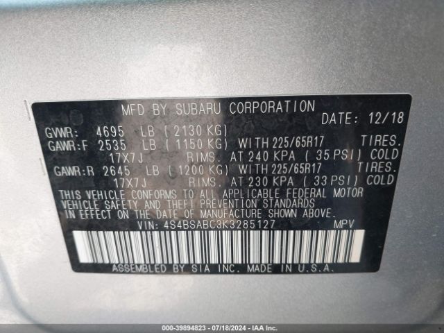 4S4BSABC3K3285127 Subaru Outback 2.5i