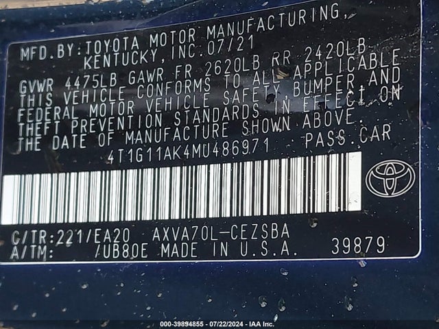 Toyota CAMRY SE 2021 4T1G11AK4MU486971 Image 9