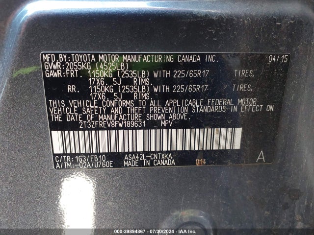 Toyota RAV4 LE 2015 2T3ZFREV8FW189631 Image 9