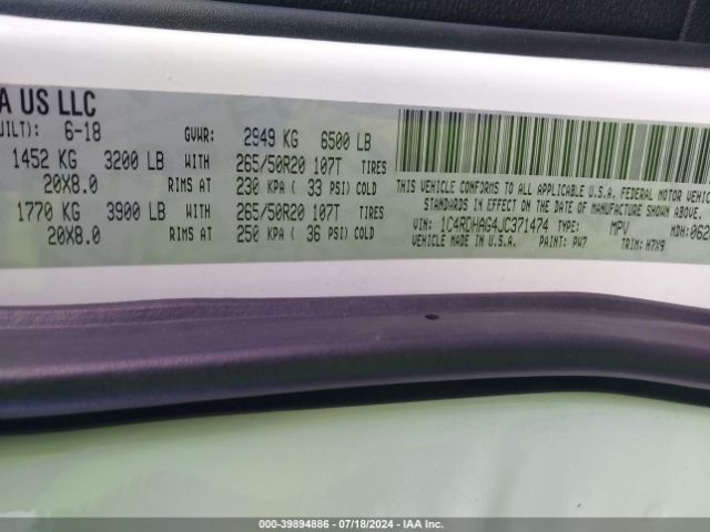 1C4RDHAG4JC371474 Dodge Durango Sxt Rwd