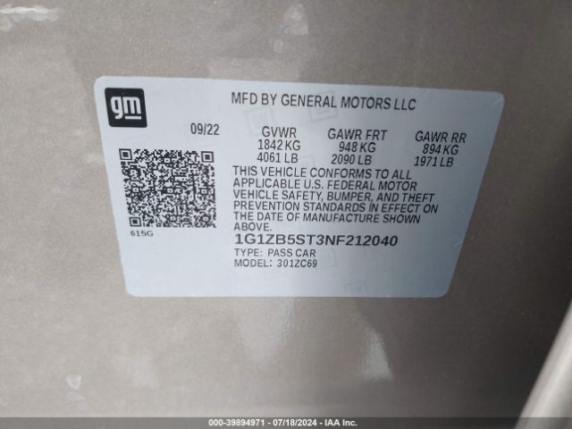 1G1ZB5ST3NF212040 Chevrolet Malibu Fwd Ls