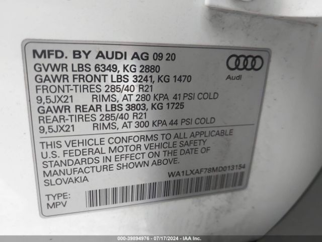 WA1LXAF78MD013154 Audi Q7 Premium Plus 55 Tfsi Quattro Tiptronic