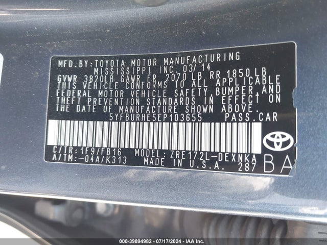 Toyota Corolla Le Plus 2014 5YFBURHE5EP103655 Image 9