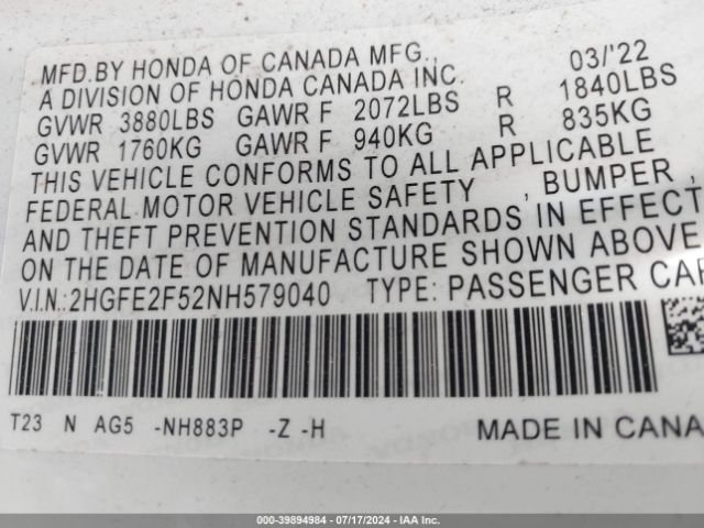 2HGFE2F52NH579040 Honda Civic Sport