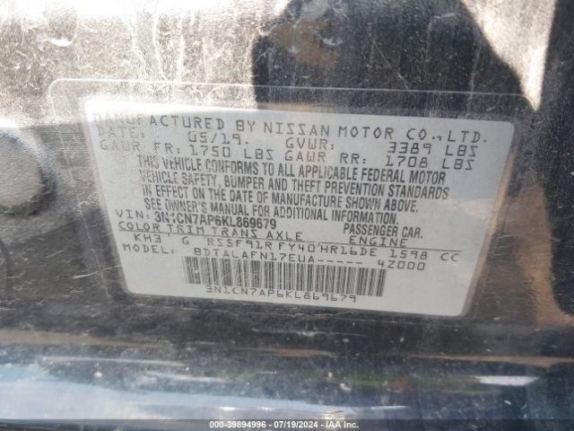 3N1CN7AP6KL869679 Nissan Versa 1.6 S