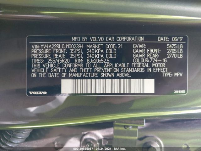 YV4A22RL0J1002394 Volvo Xc60 T6 Inscription