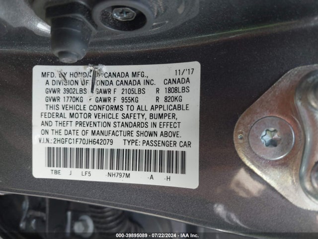 Honda Civic Ex-l 2018 2HGFC1F70JH642079 Image 9
