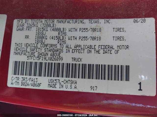Toyota Tundra Sr 2020 5TFCY5F19LX026899 Image 9