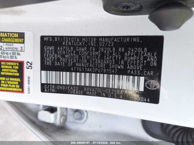 Toyota CAMRY SE 2023 4T1G11AK3PU781547 Image 9