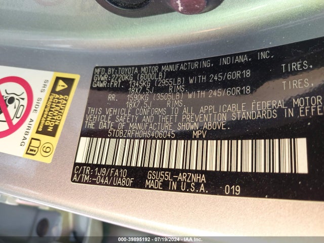 Toyota Highlander Le Plus 2017 5TDBZRFH0HS406045 Image 9