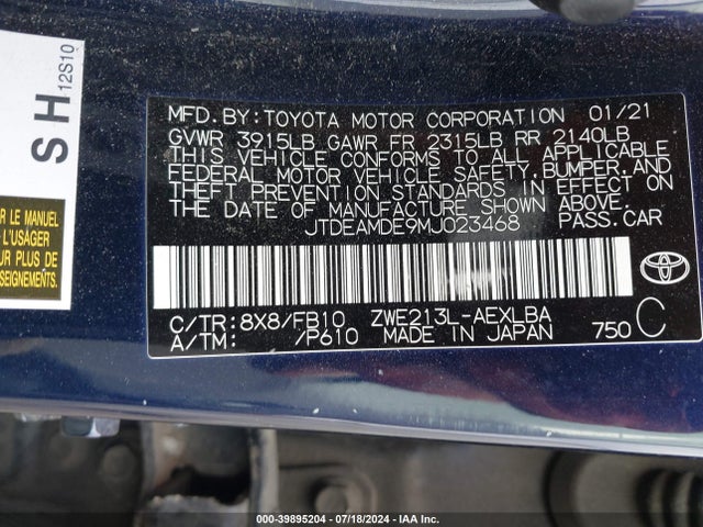 Toyota Corolla Hybrid Le 2021 JTDEAMDE9MJ023468 Image 9