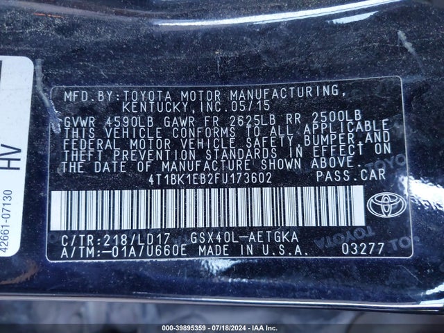 Toyota AVALON XLE 2015 4T1BK1EB2FU173602 Image 9