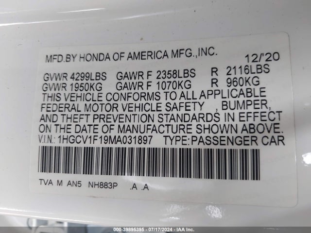 Honda ACCORD LX 2021 1HGCV1F19MA031897 Image 9