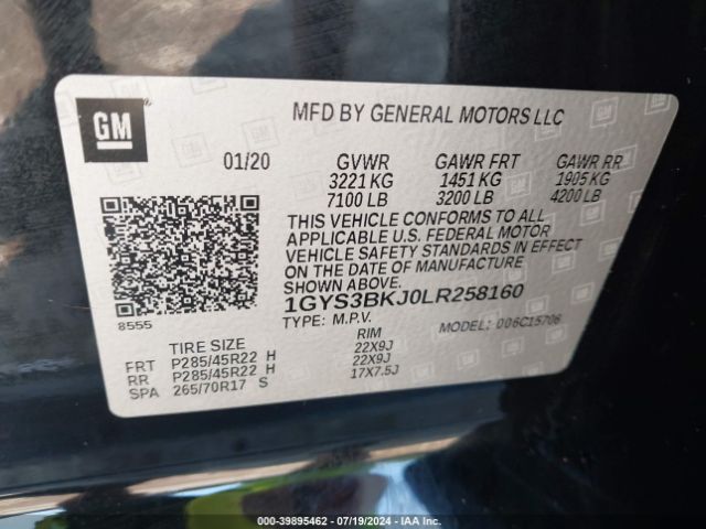 1GYS3BKJ0LR258160 Cadillac Escalade 2wd Luxury