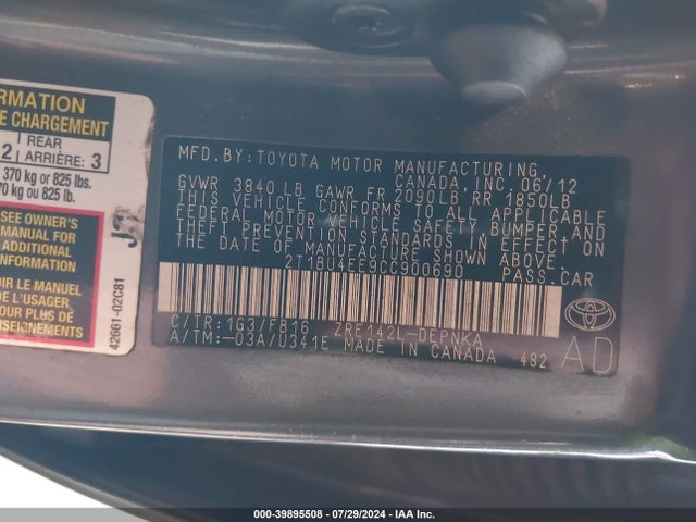 Продажа на аукционе авто 2012 Toyota Corolla Le, vin: 2T1BU4EE9CC900690, номер лота: 39895508