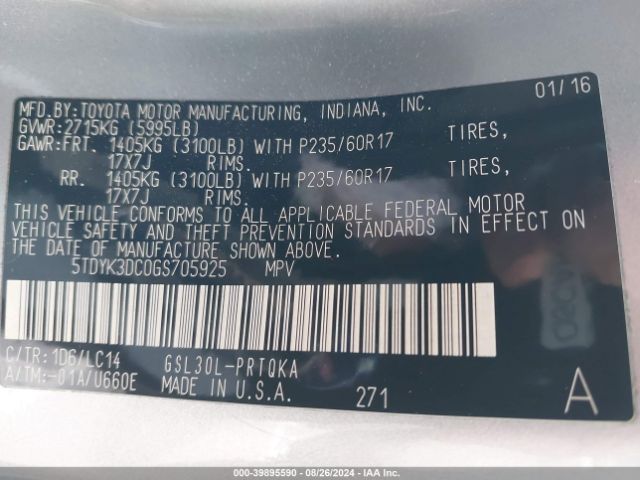 5TDYK3DC0GS705925 Toyota Sienna Xle 8 Passenger