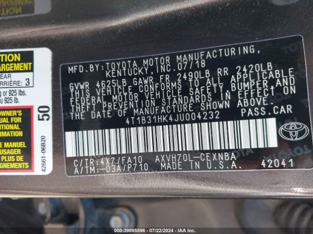 4T1B31HK4JU004232 Toyota Camry Hybrid Le