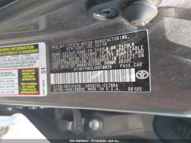 Toyota CAMRY LE 2018 4T1B11HKXJU078826 Image 9