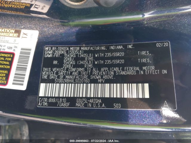 5TDDZRBHXLS020160 Toyota Highlander Limited