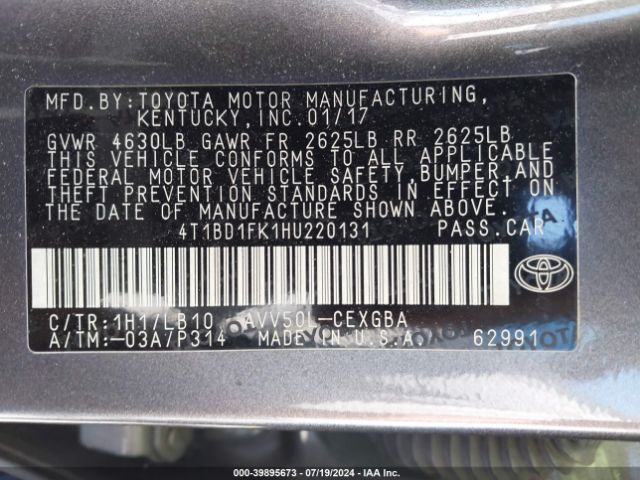 4T1BD1FK1HU220131 Toyota Camry Hybrid Xle