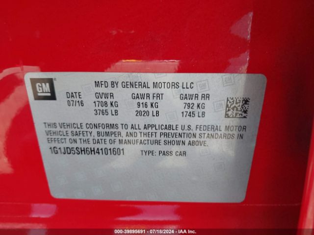 1G1JD5SH6H4101601 Chevrolet Sonic Lt Auto