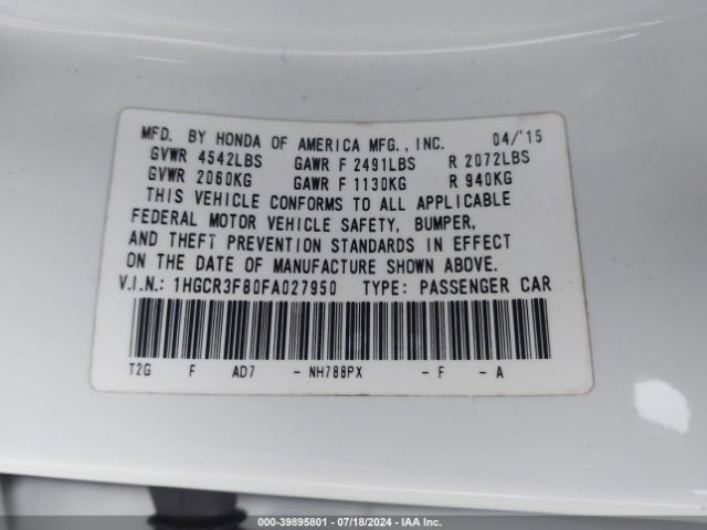1HGCR3F80FA027950 Honda Accord Ex-l V-6