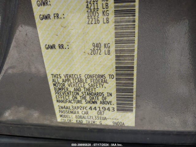39895828 :رقم المزاد ، 1N4AL3AP2FC441943 vin ، 2015 Nissan Altima 2.5/2.5 S/2.5 Sl/2.5 Sv مزاد بيع