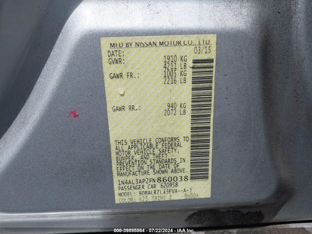 Nissan Altima 2.5 Sl 2015 1N4AL3AP2FN860038 Image 9
