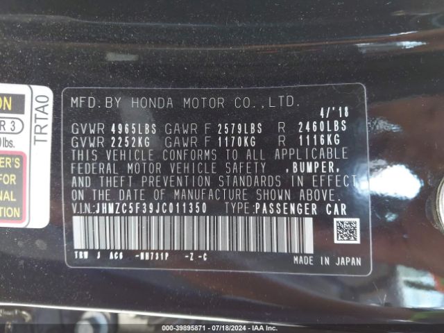 JHMZC5F39JC011350 Honda Clarity Plug-in Hybrid Touring