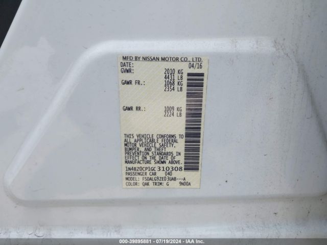 1N4BZ0CP1GC310308 Nissan Leaf Sl