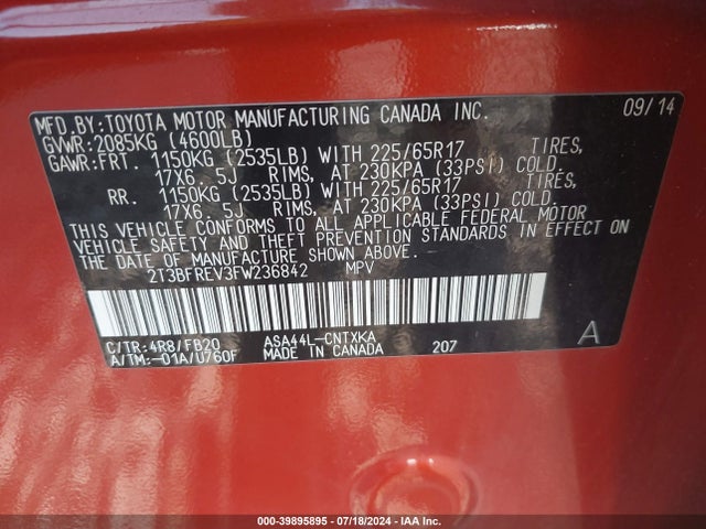 Toyota RAV4 LE 2015 2T3BFREV3FW236842 Image 9