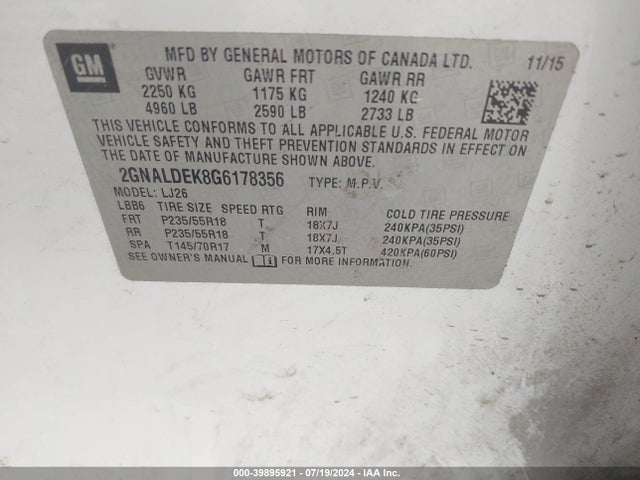 Chevrolet Equinox Ltz 2016 2GNALDEK8G6178356 Image 9
