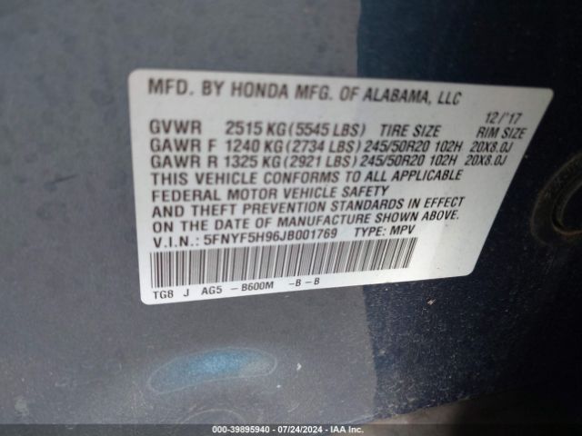 5FNYF5H96JB001769 Honda Pilot Touring