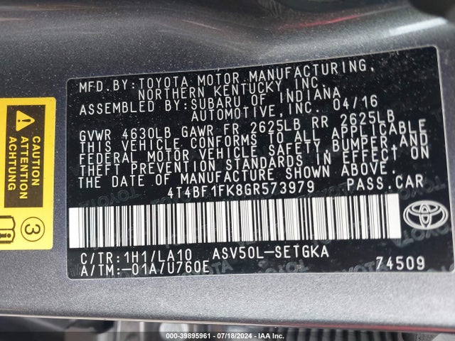 Toyota CAMRY XLE 2016 4T4BF1FK8GR573979 Image 9