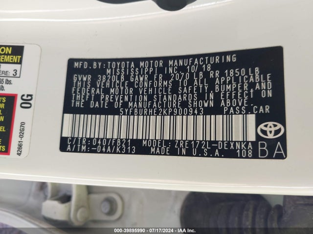 Toyota COROLLA LE 2019 5YFBURHE2KP900943 Image 9