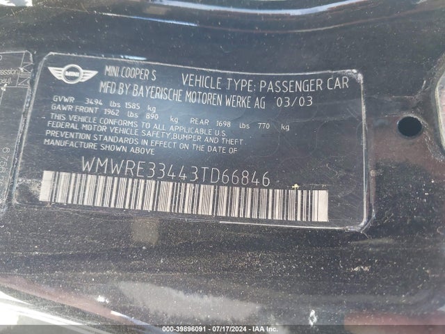 2003 MINI COOPER S WMWRE33443TD66846 Photo 8