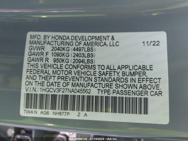 1HGCV3F27NA045562 Honda Accord Hybrid Sport
