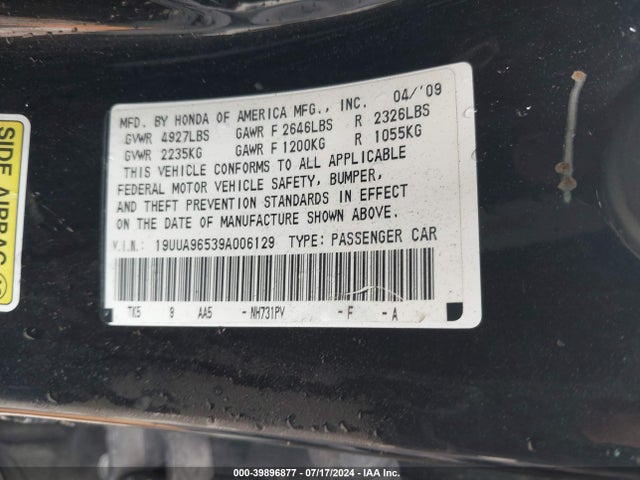 Продаж на аукціоні авто 2009 Acura Tl 3.7, vin: 19UUA96539A006129, номер лоту: 39896877