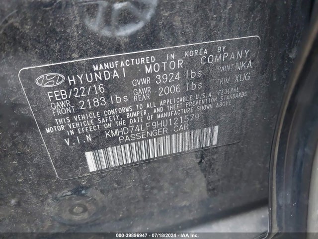 39896947 :رقم المزاد ، KMHD74LF9HU121579 vin ، 2017 Hyundai Elantra Se مزاد بيع