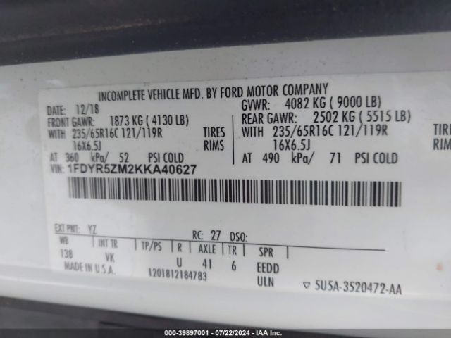 1FDYR5ZM2KKA40627 Ford Transit-250 Cab