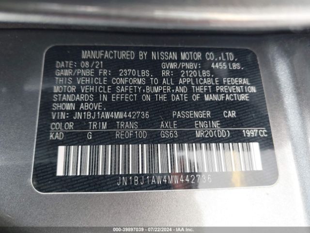 JN1BJ1AW4MW442736 Nissan Rogue Sport S Awd Xtronic Cvt