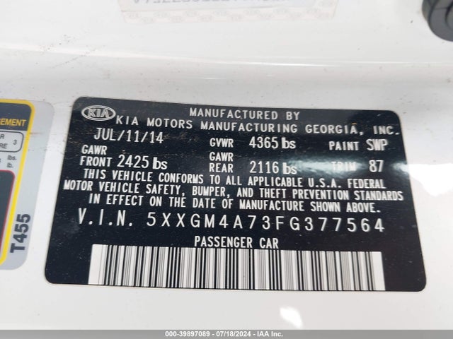 KIA Optima Lx 2015 5XXGM4A73FG377564 Image 9