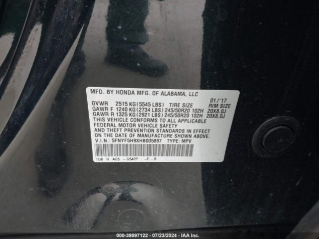 5FNYF5H9XHB005897 Honda Pilot Touring