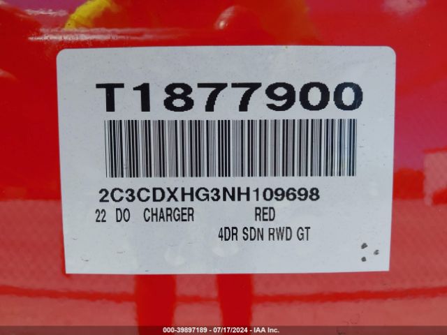2C3CDXHG3NH109698 Dodge Charger Gt Rwd