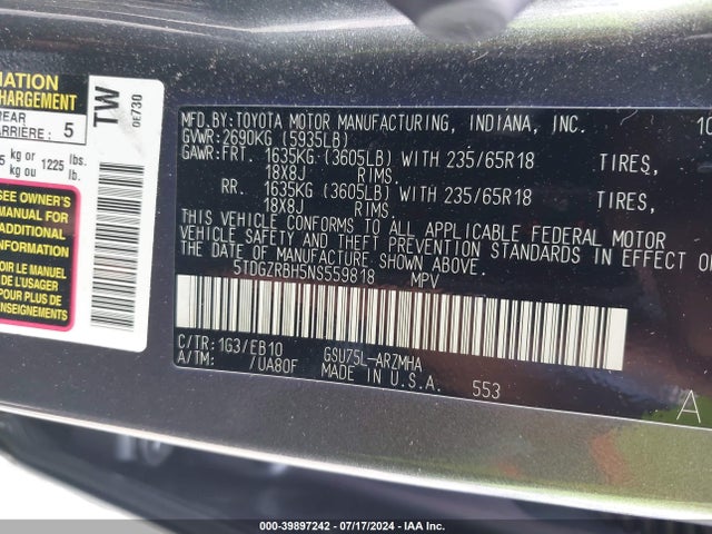 Toyota Highlander Xle 2022 5TDGZRBH5NS559818 Image 9